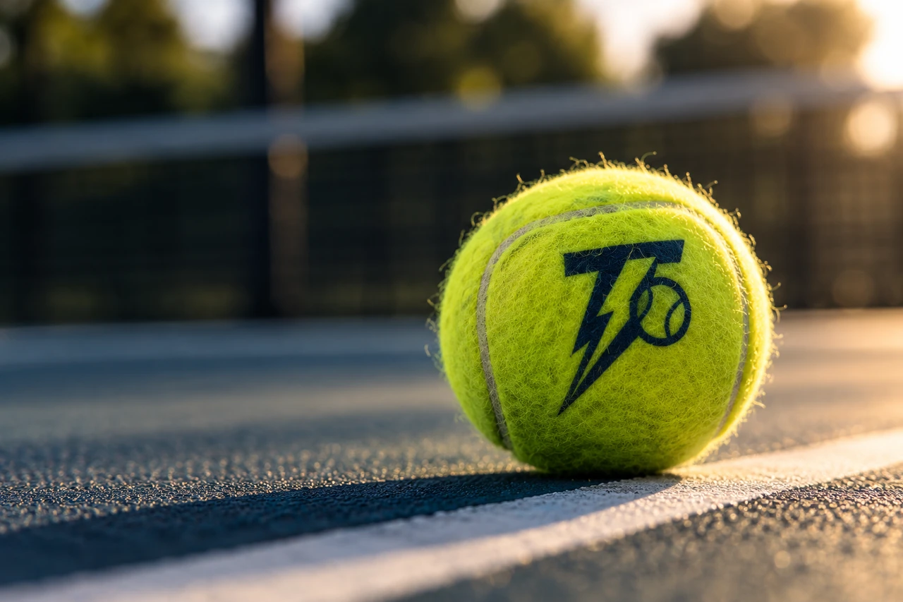 A tennis ball with the Thor’s Thunder Tennis symbol on the court